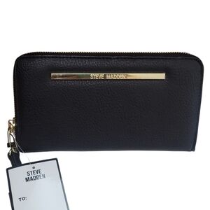 NWT Steve Madden Black Pebbled Zip Wallet with Gold Hardware 8.5"x4.5"